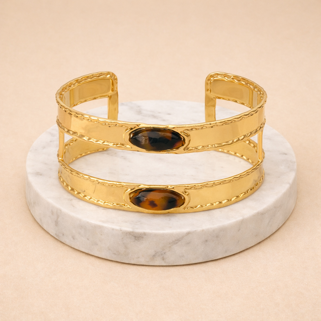 Bracelet manchette doré en acier inoxydable avec pierres effet écaille