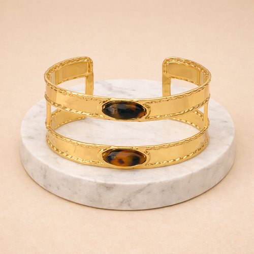 Bracelet manchette doré en acier inoxydable avec pierres effet écaille